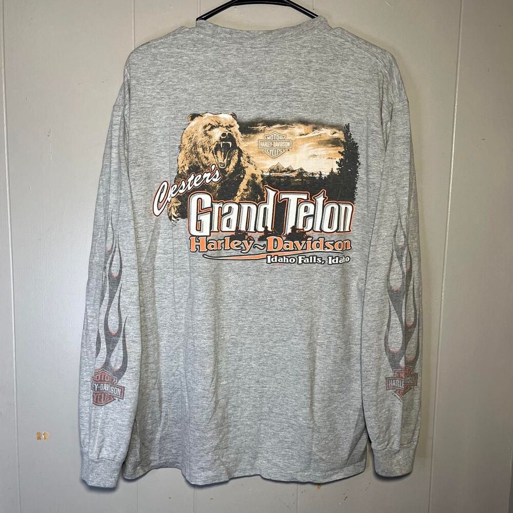 Vintage 2012 Harley Davidson Flames Biker Grunge Motorcycle LS Shirt Size L